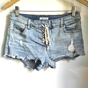 BILLABONG Lace-Up Denim Jean Shorts Light  Blue Distressed Size 26